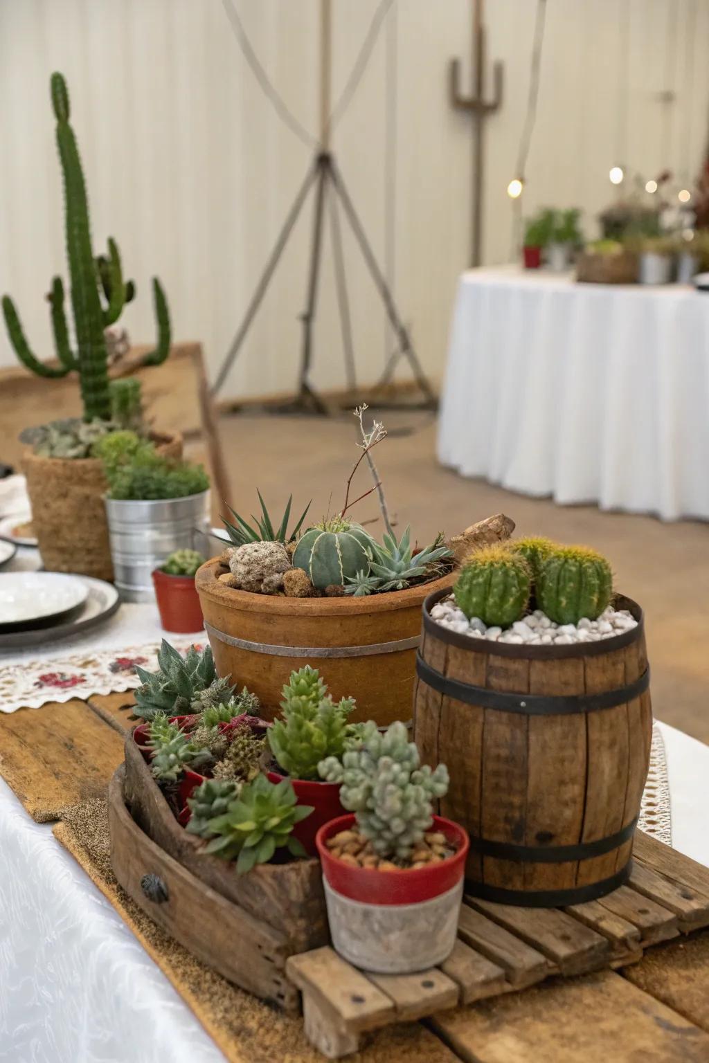 Potted succulents bringing fresh color to a Western table.