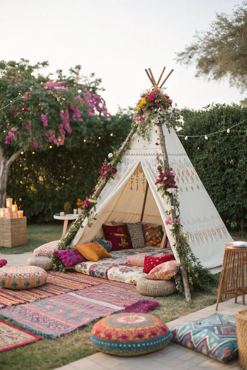 A cozy bohemian teepee lounge for wedding guests to relax.