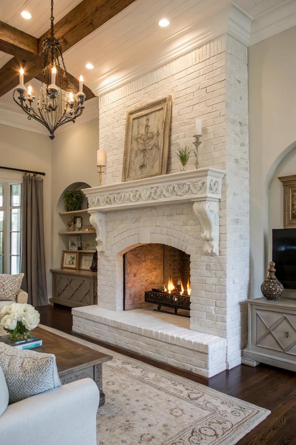 A whitewashed brick fireplace with an eye-catching statement mantel.