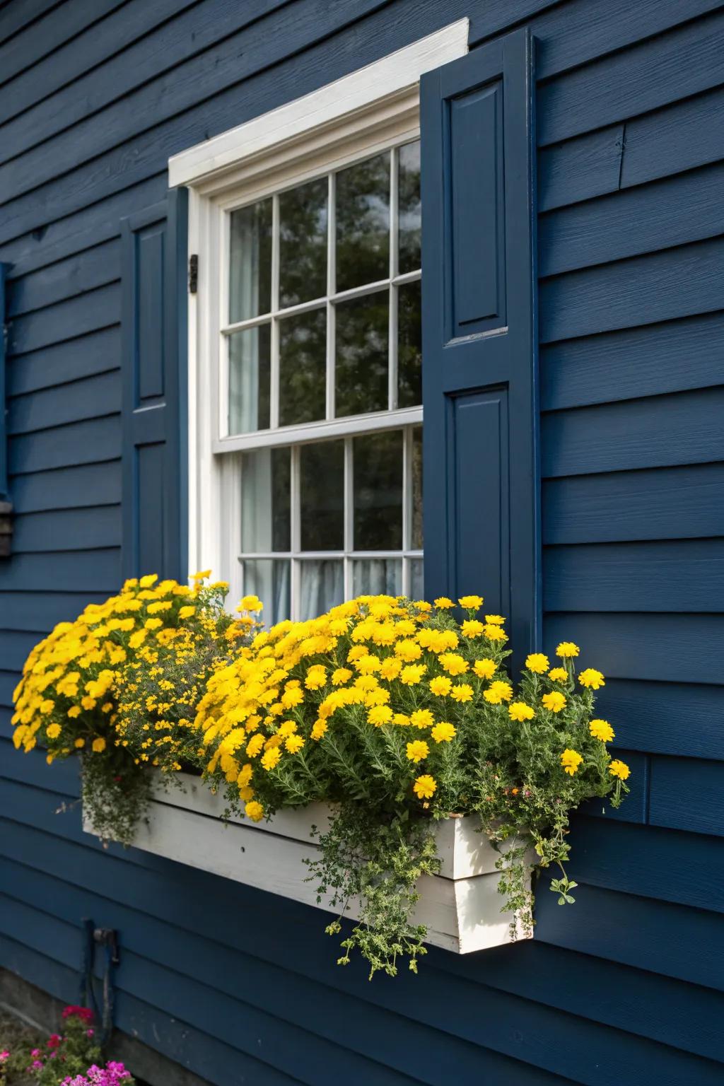 A striking window box using color contrasts to enhance visual appeal against a home exterior.