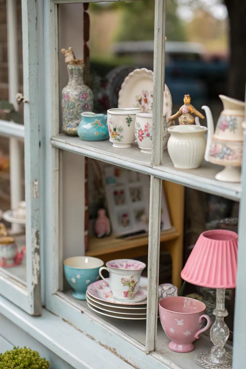 Vintage items bring character to your window shelf.