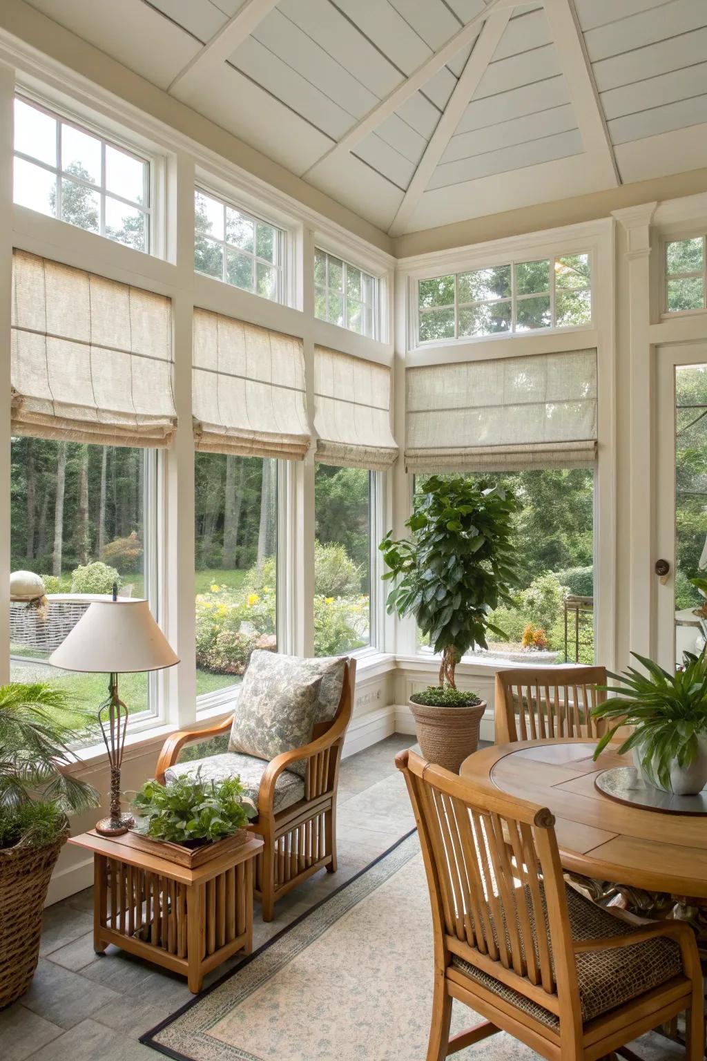 Custom Roman shades in a bright sunroom