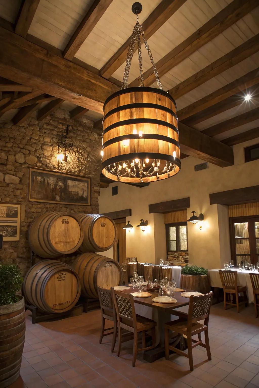 A wine barrel chandelier adds rustic elegance to any room.