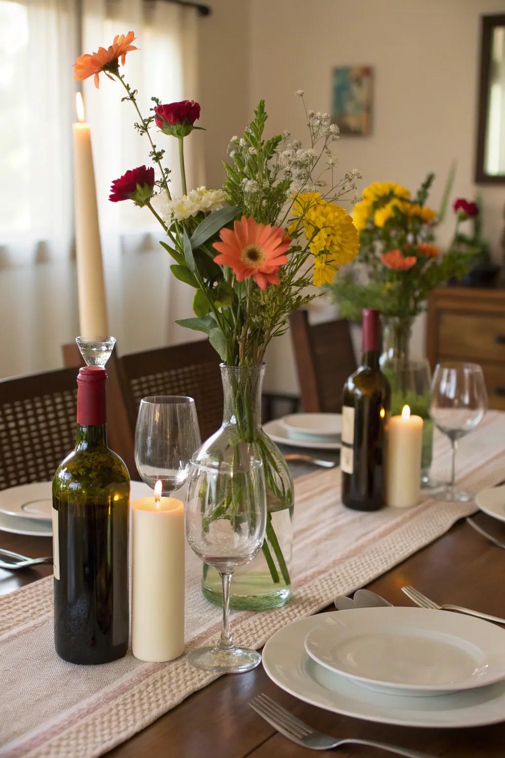 Repurpose bottles as elegant flower vases.