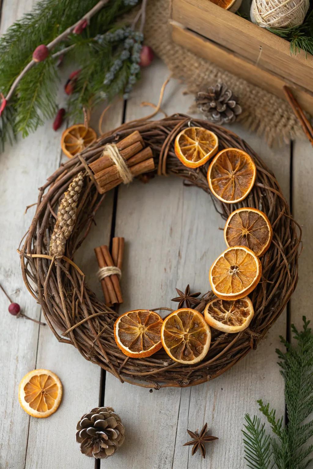 Citrus and spice elements bring warmth and fragrance to this wreath.