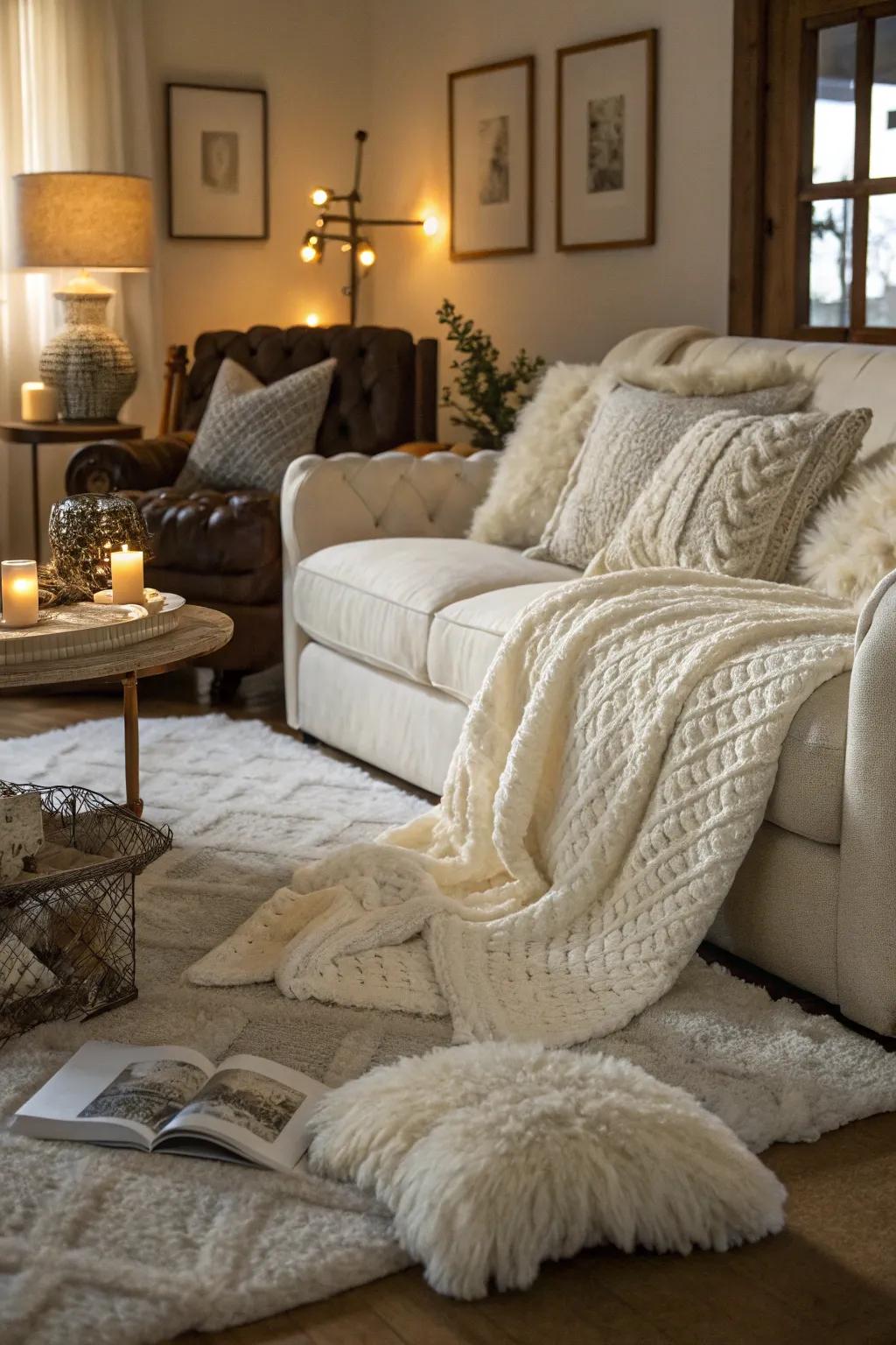 Soft white fabrics add warmth and texture to your decor.