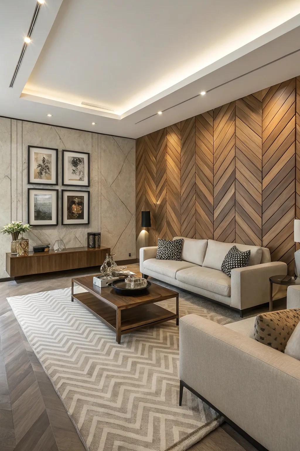 A stylish living room with a chevron wood accent wall.