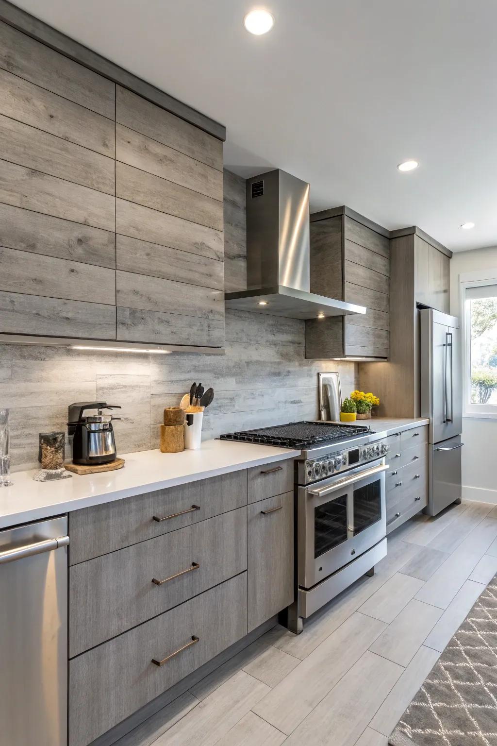 A modern kitchen featuring a sleek gray wood backsplash that complements the design.