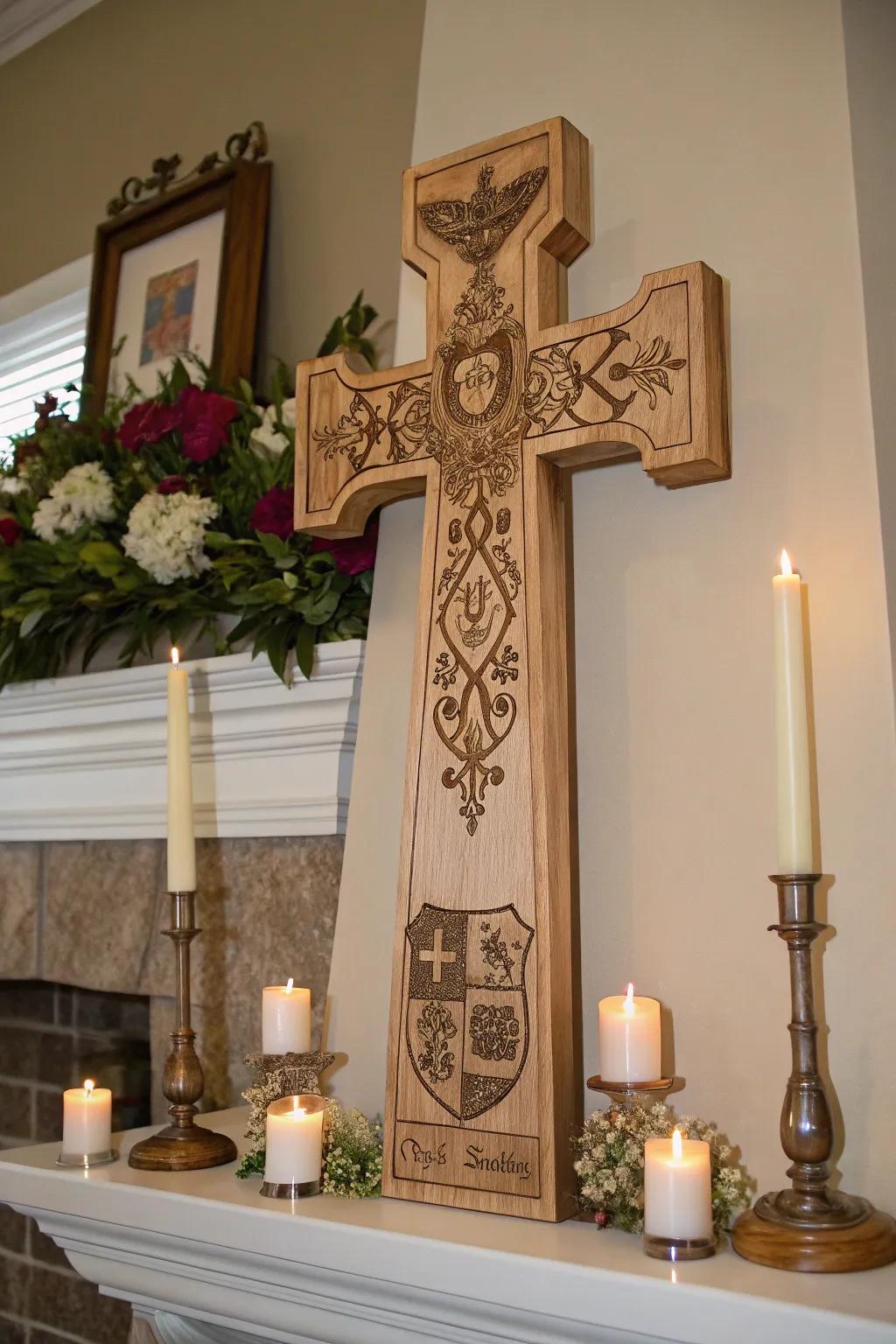 A family crest adds a personal and historical touch to this wooden cross.