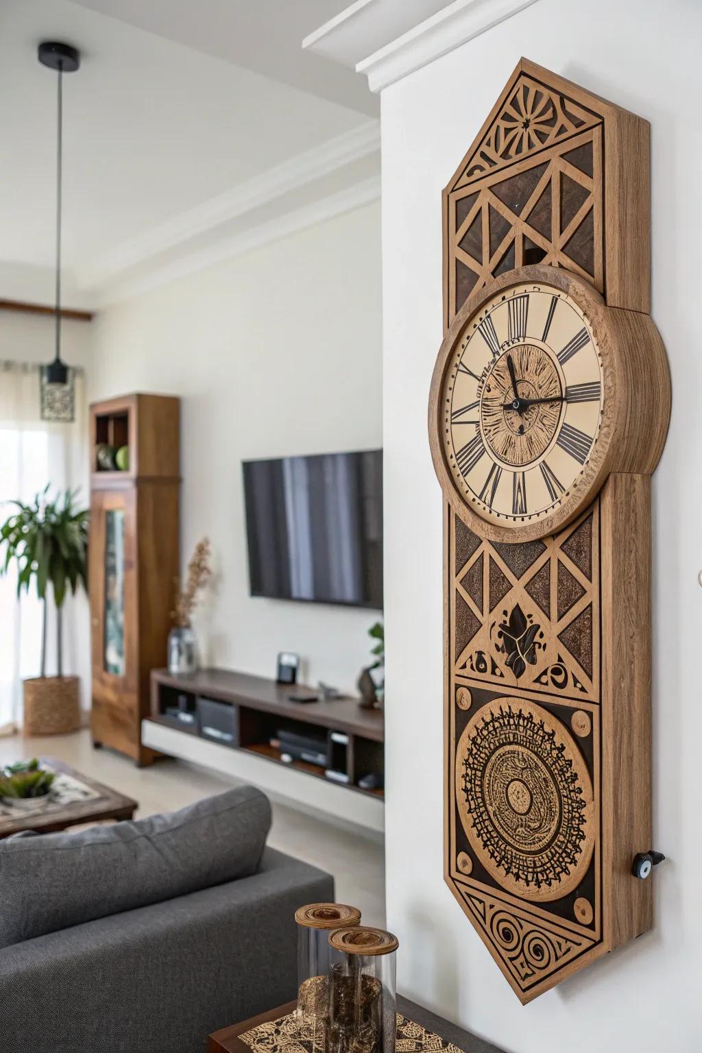 A striking wooden clock, blending art and function seamlessly.