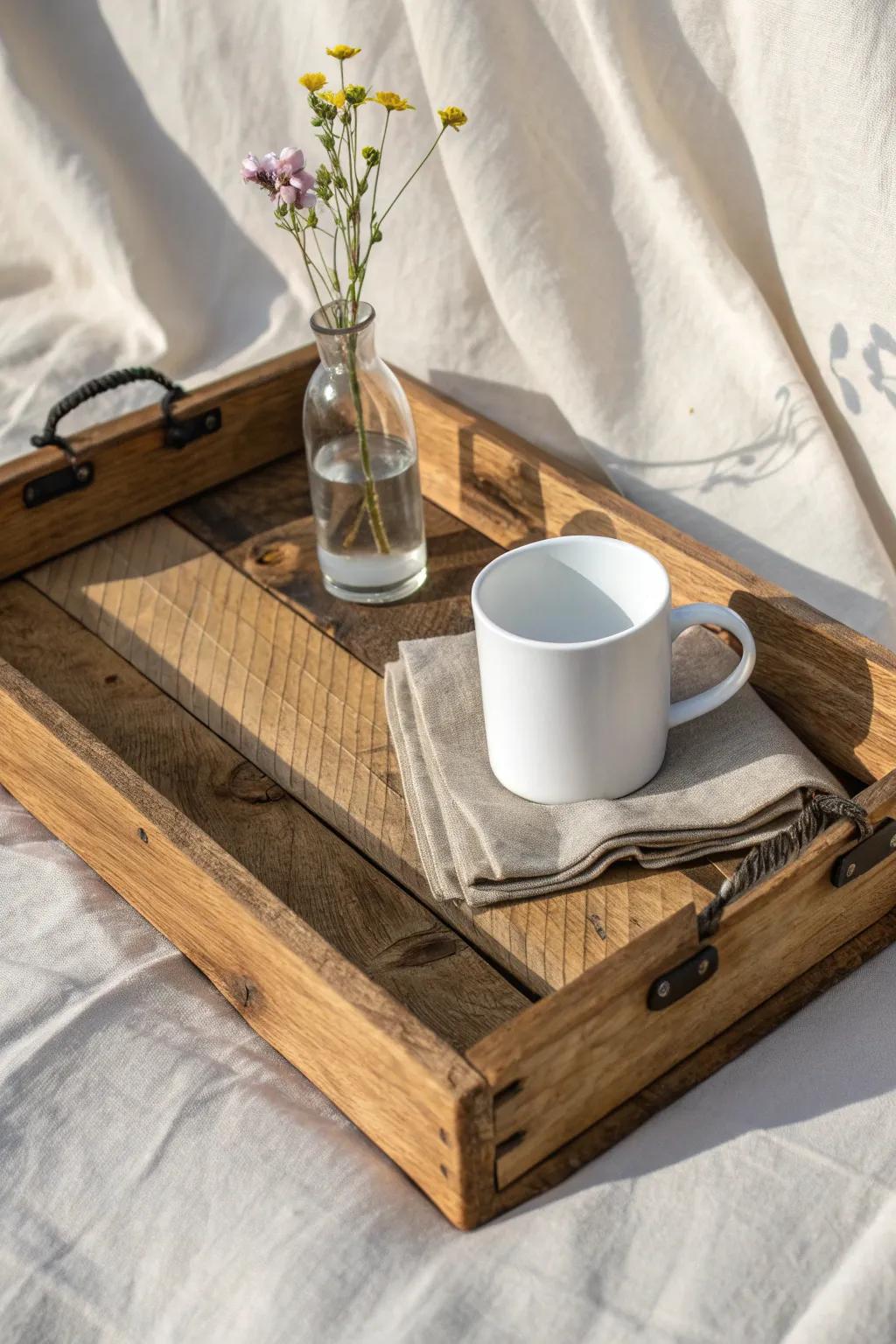 Elevate your mornings with a handcrafted rustic serving tray, perfect for a cozy breakfast in bed.