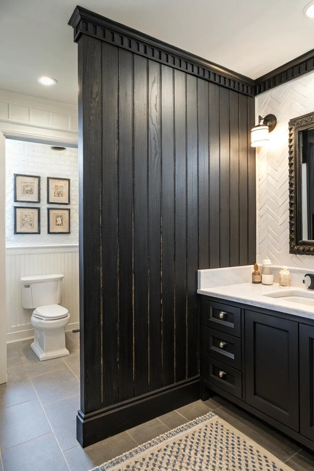 Bathroom with modern bold black beaded-board paneling.