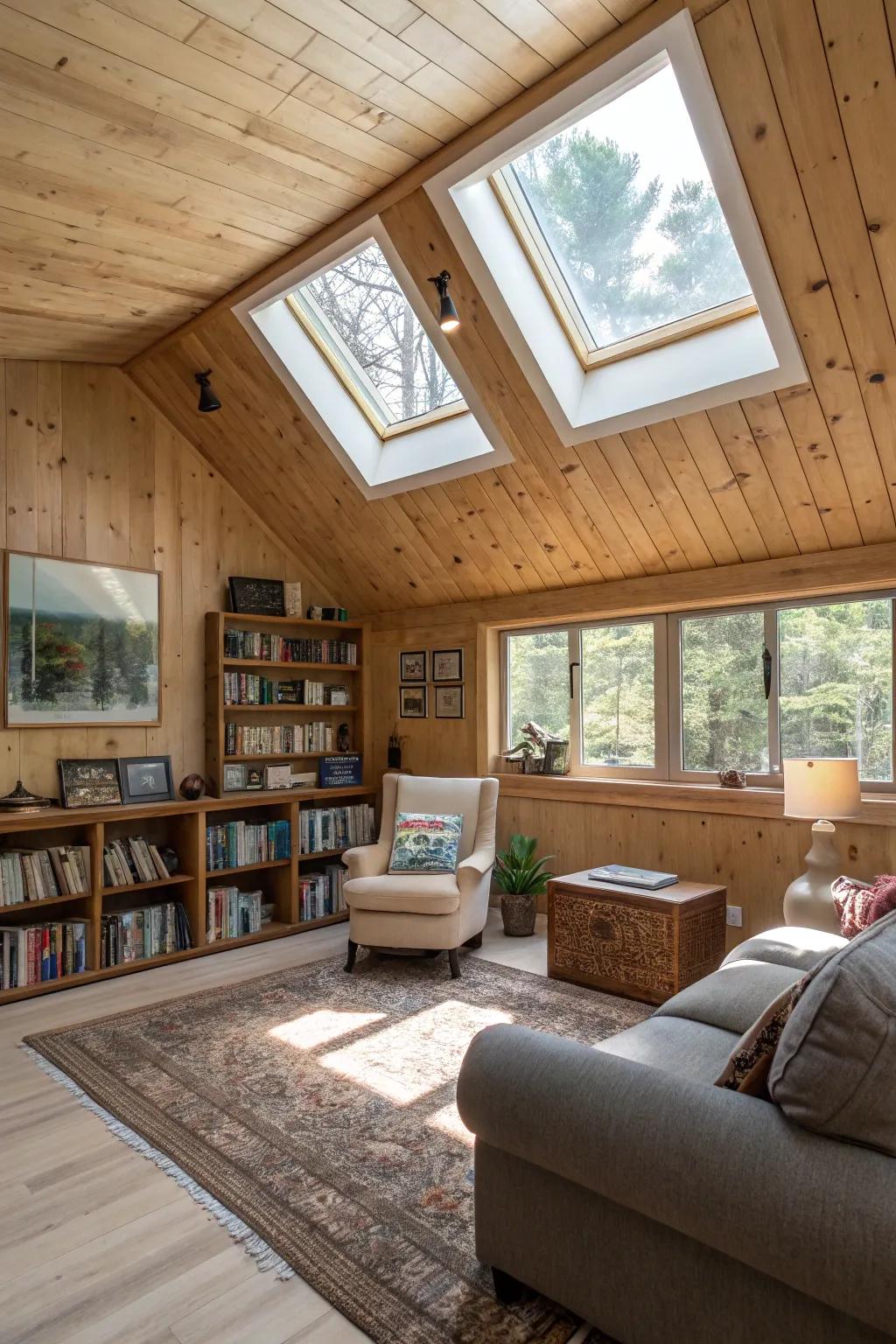 Skylights illuminate the beauty of this wood plank ceiling.