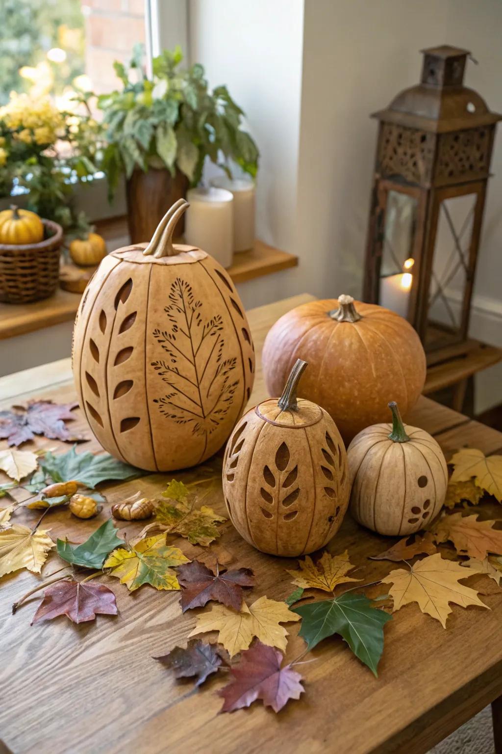 Nature-inspired leaf motifs on wooden pumpkins.