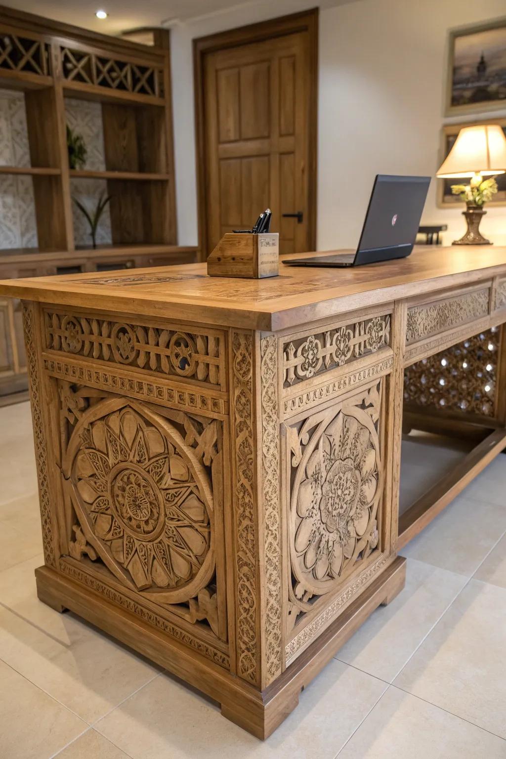 Elevate your workspace with a masterpiece: a custom-carved wood slab desk that speaks to the art of craftsmanship.