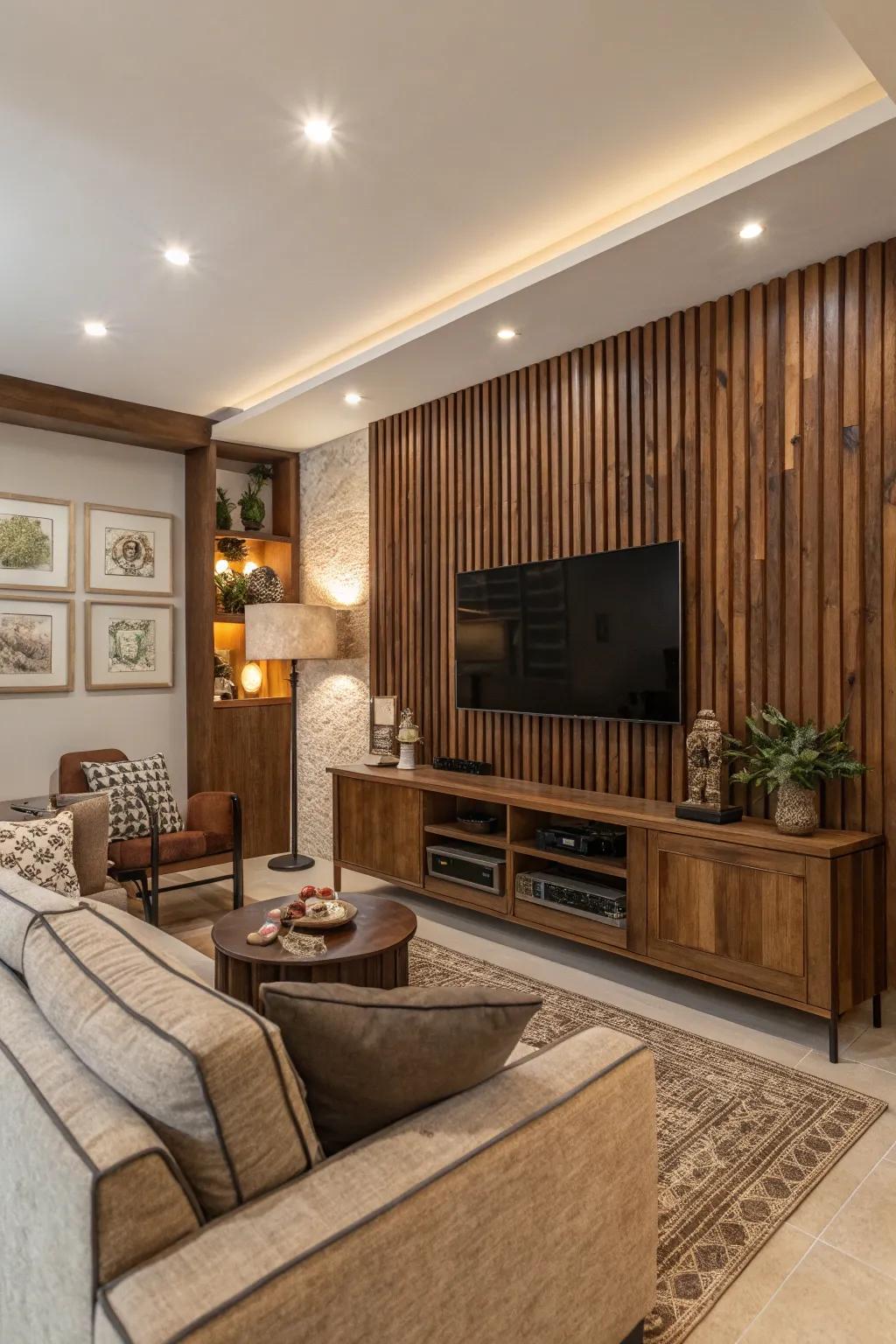 Walnut tones bring warmth and elegance to your TV wall.