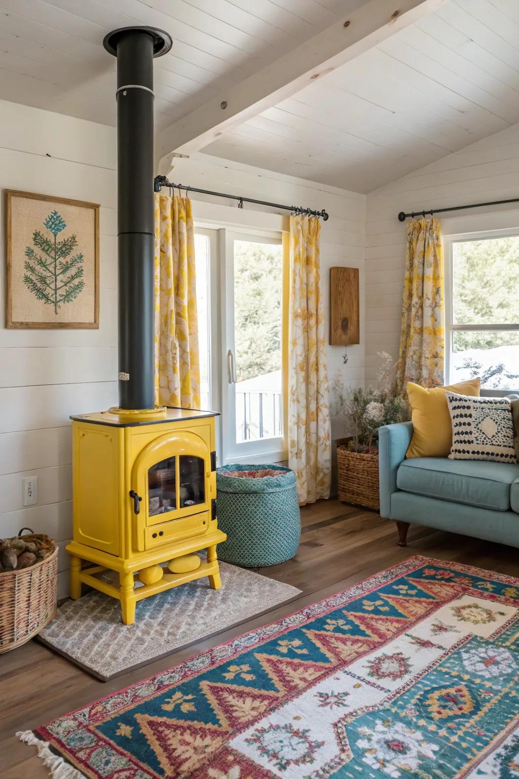 A brightly colored wood stove enlivens the atmosphere in this vibrant living room.