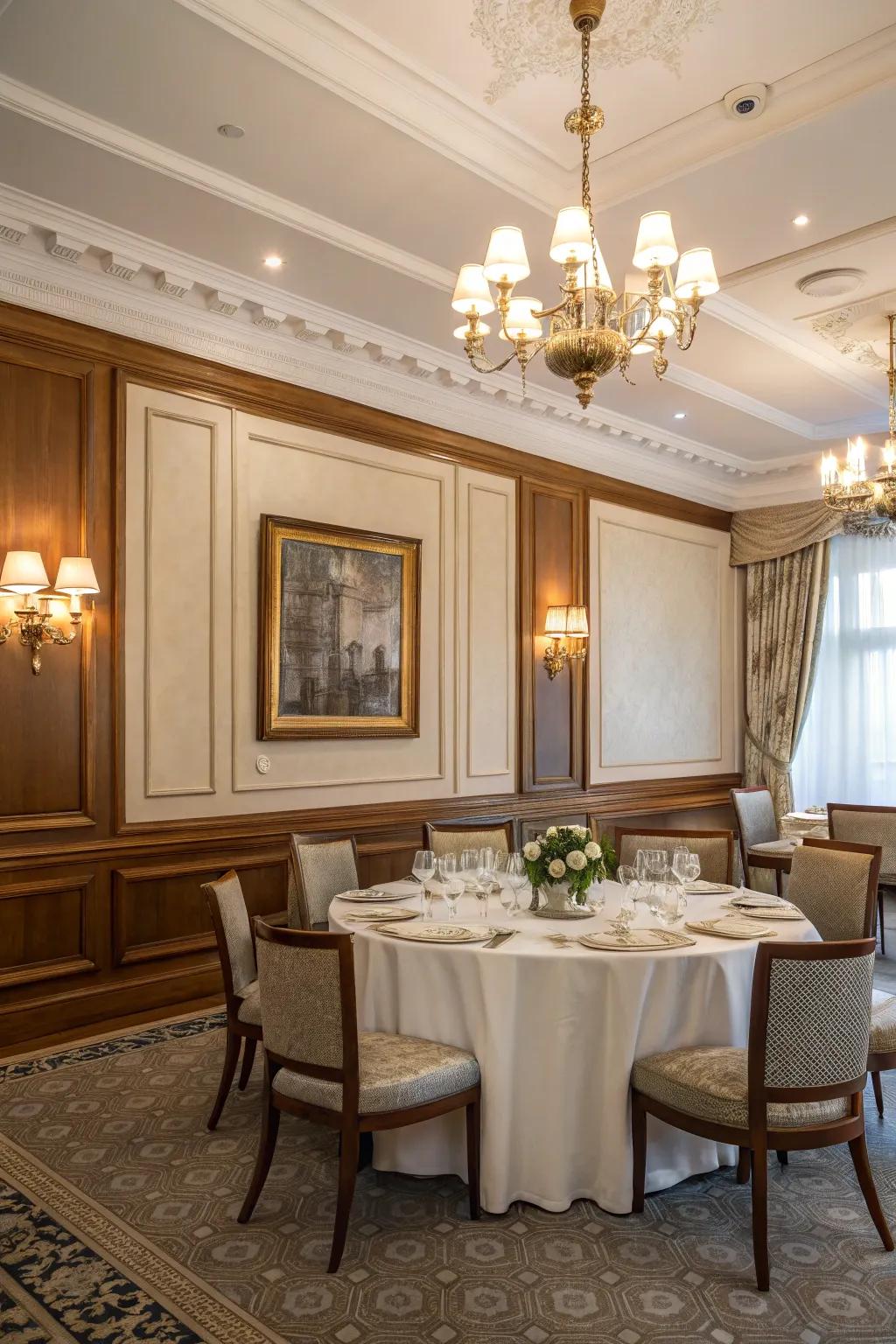 Elegant dining room with classic picture frame molding.