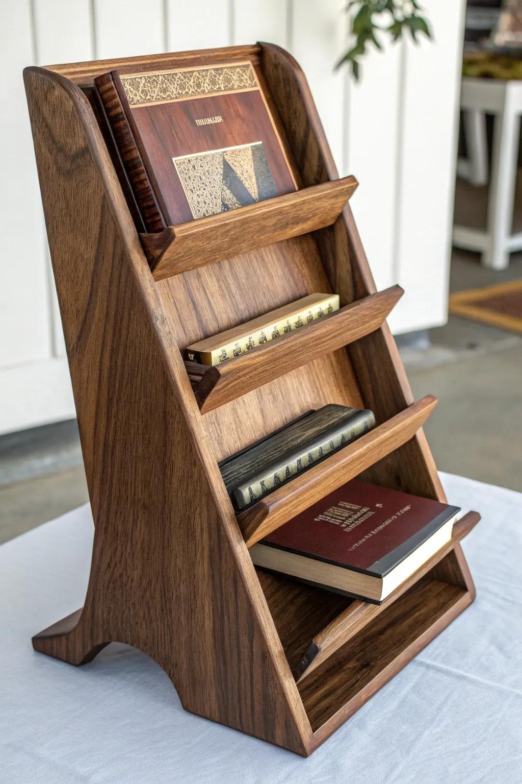 Elevate your reading space with a handcrafted multi-book wooden stand.