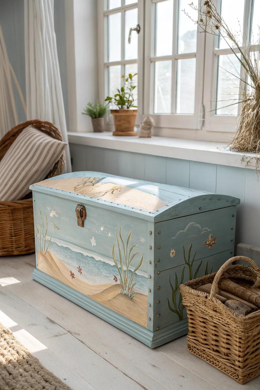 Embrace seaside serenity with this beautifully painted wooden chest, a perfect blend of minimalist design and boho charm.