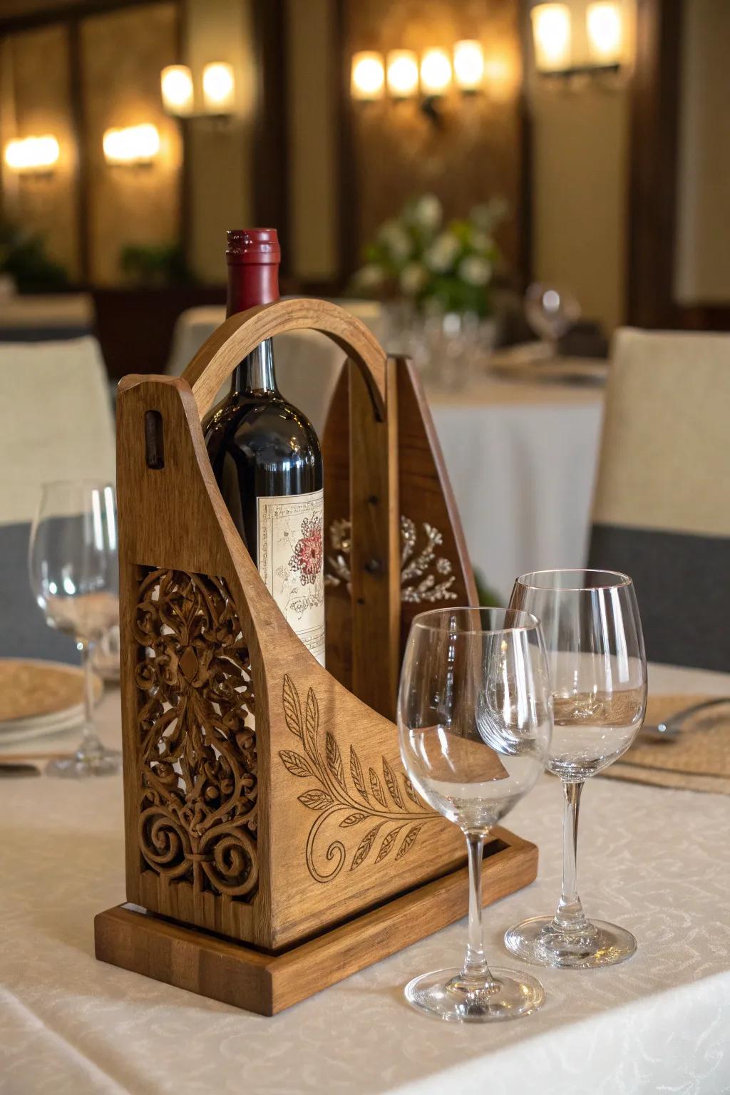 Engraved wine bottle holders are a sophisticated touch for any occasion.