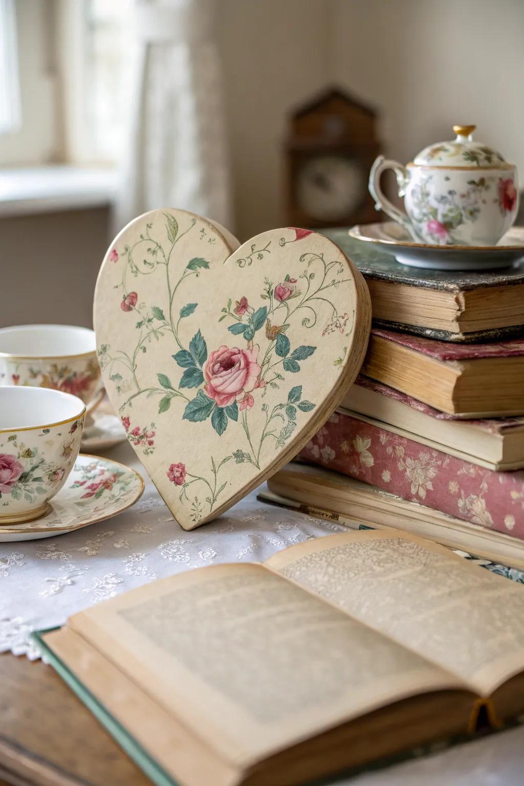 Vintage floral hearts add a touch of nostalgia to your space.