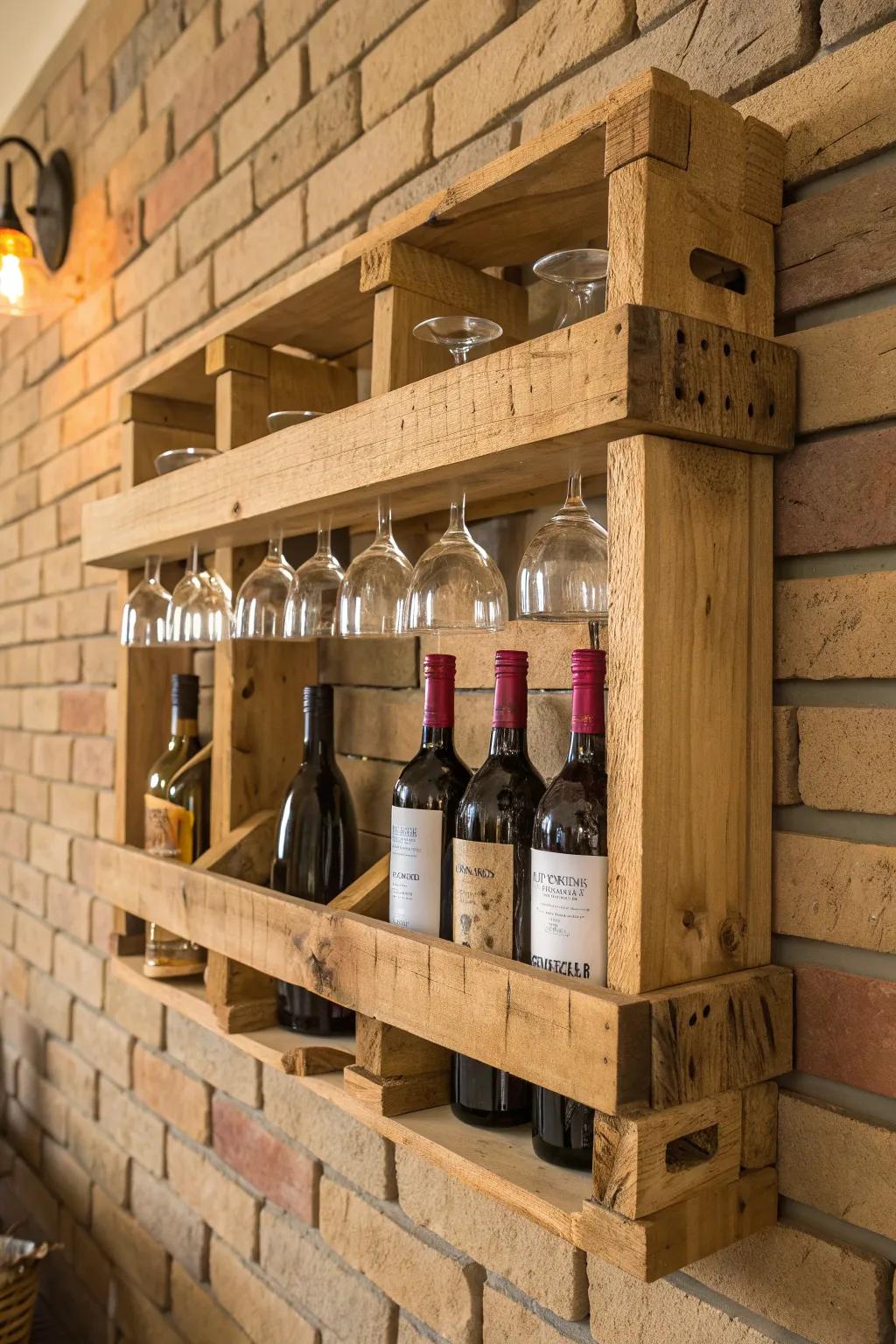 Elevate your wine display with this handcrafted pallet wine rack, where rustic charm meets refined taste.