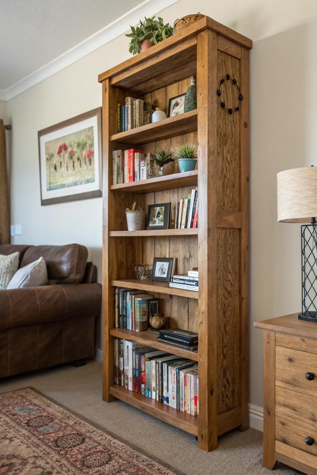 Organize and display with a custom wooden bookshelf.