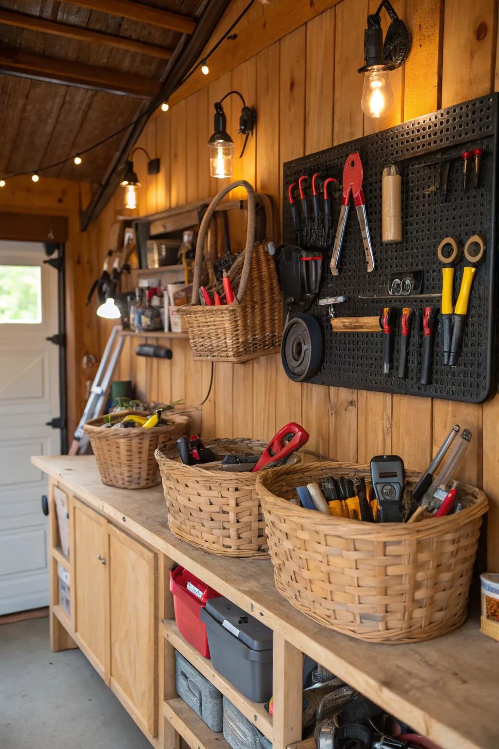 Wall-mounted baskets keep essentials within arm's reach.