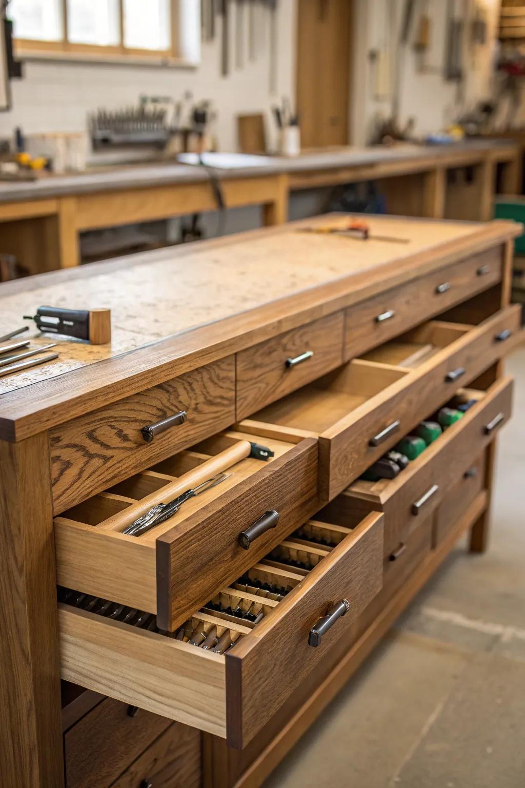 Maximize your workspace with stylish under-bench drawers—where craftsmanship meets practicality. #WorkshopOrganization #Craftsmanship