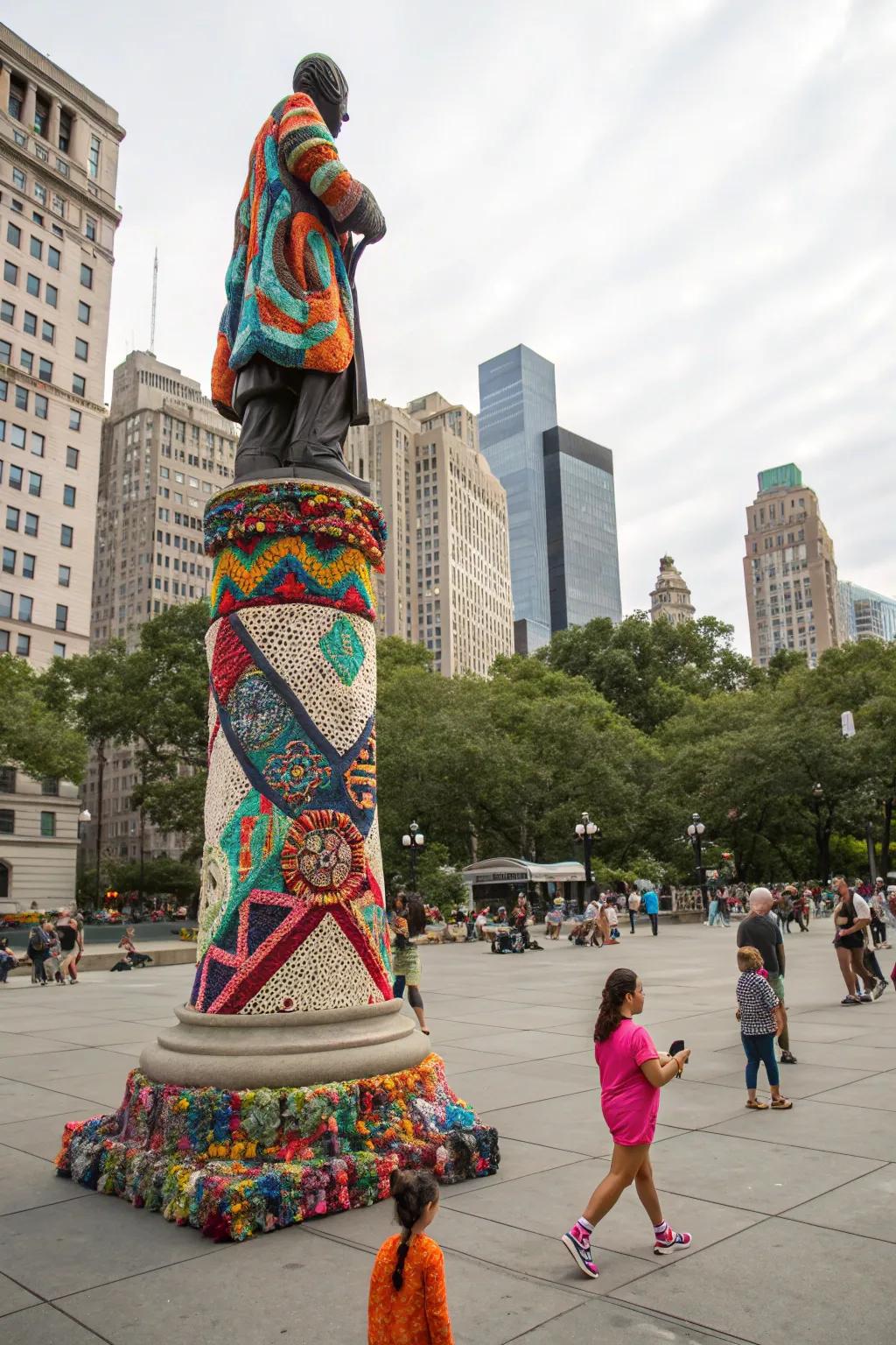 A yarn-bombed statue becomes a focal point of community art.