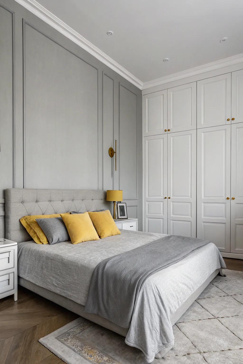 Minimalist design with a hint of yellow in a grey-dominated space.