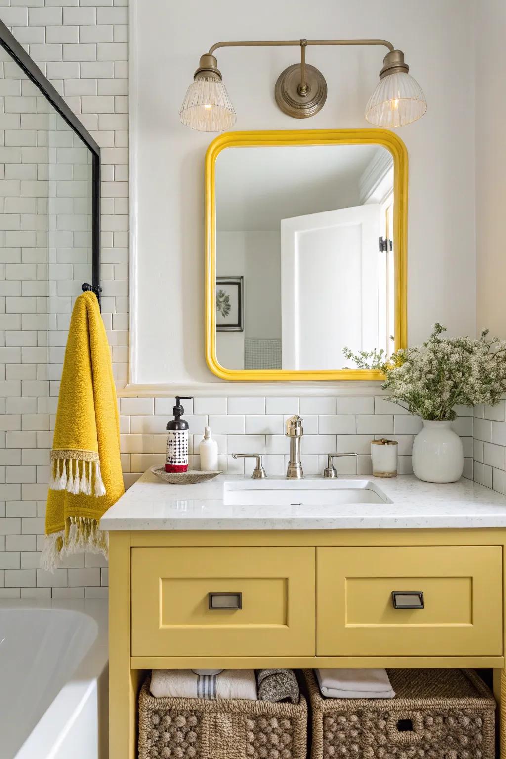 A bright yellow sconce adds a cheerful touch to this bathroom vanity.