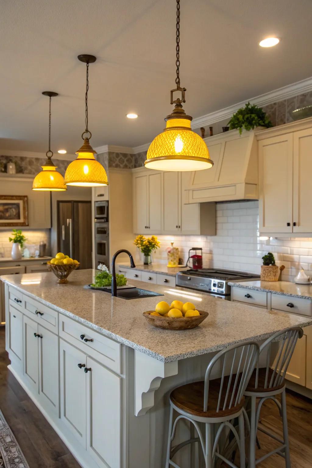 Yellow lighting fixtures illuminate the kitchen with a warm, inviting glow.