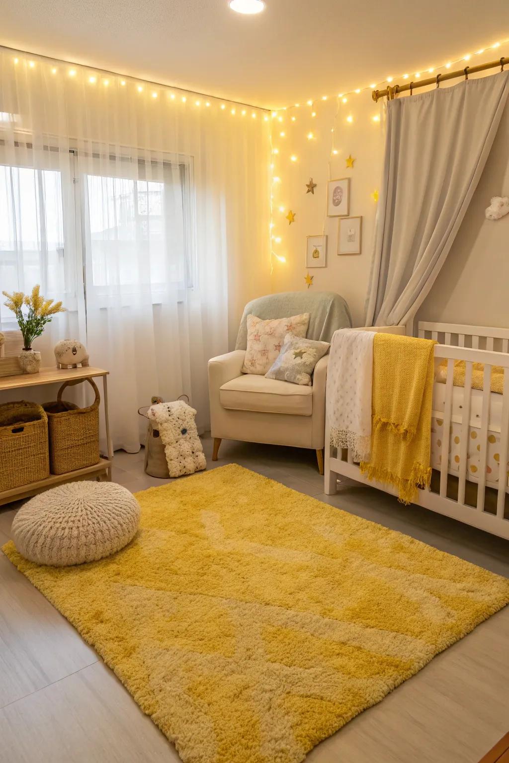 A soft yellow rug adds warmth and comfort to this nursery floor.