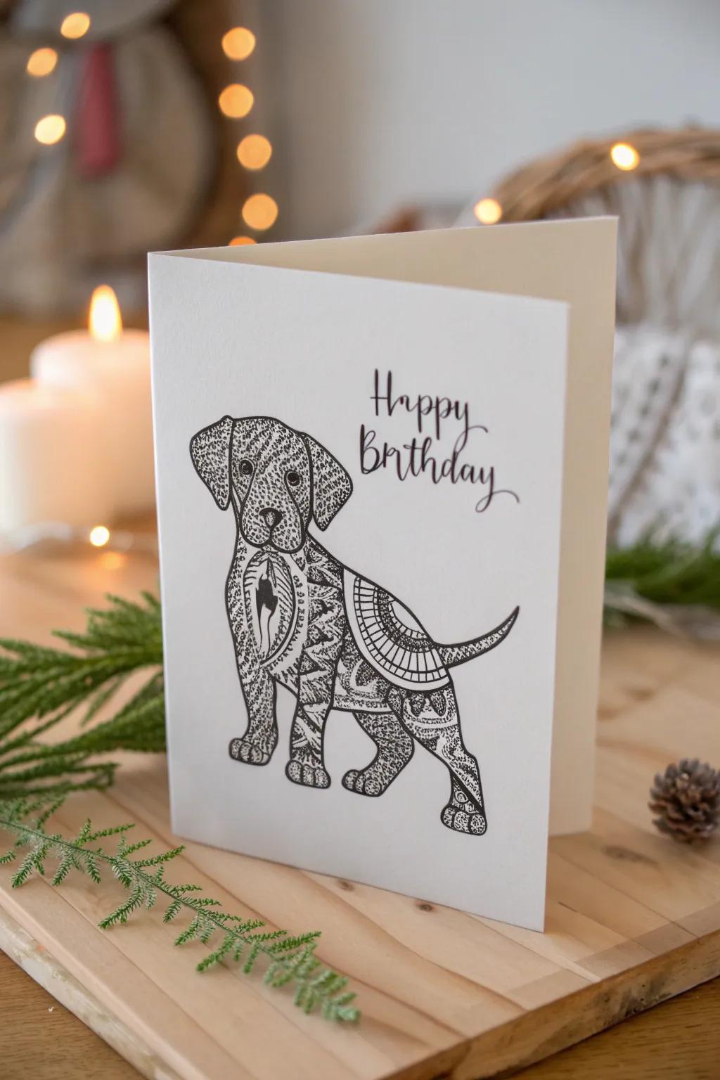 Whimsical Zentangle puppy card: a charming blend of art and simplicity for a heartfelt birthday wish.