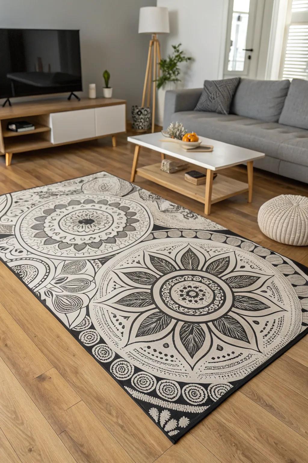 A zentangle rug transforms the living room floor.