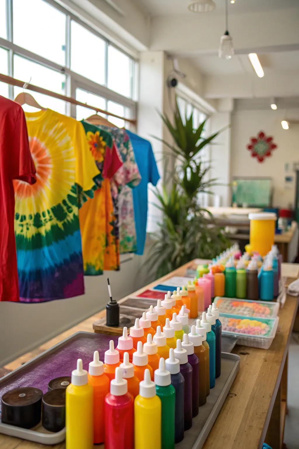 A vibrant setup for a fun tie-dye party activity.