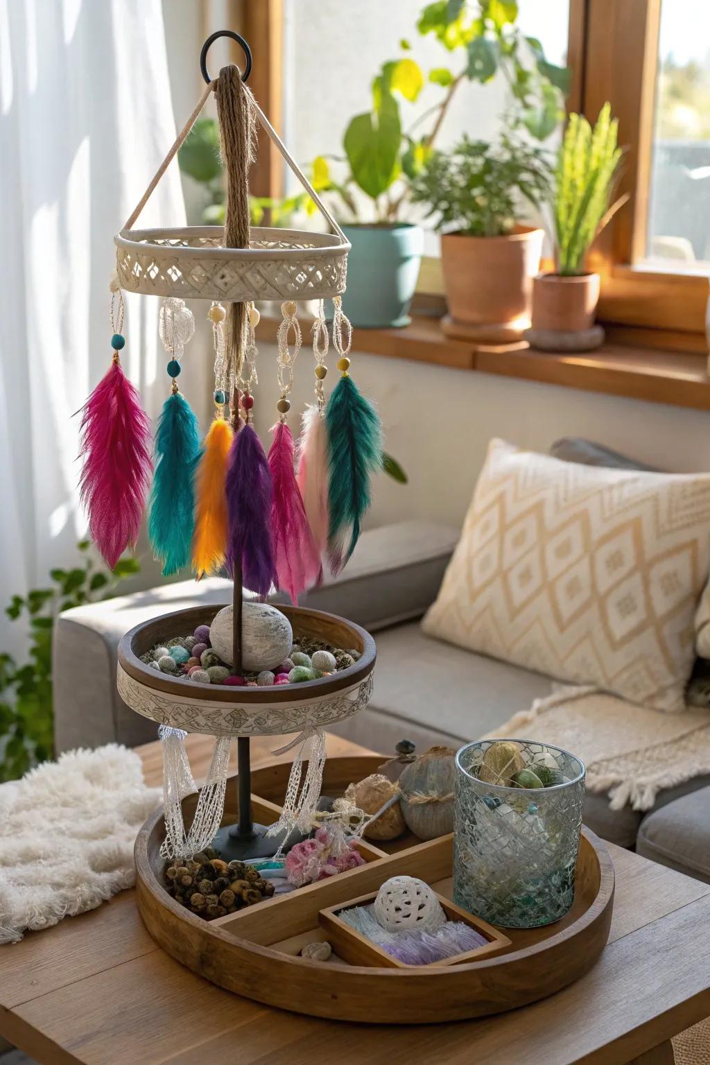 A bohemian chic 2-tiered tray for a free-spirited vibe.