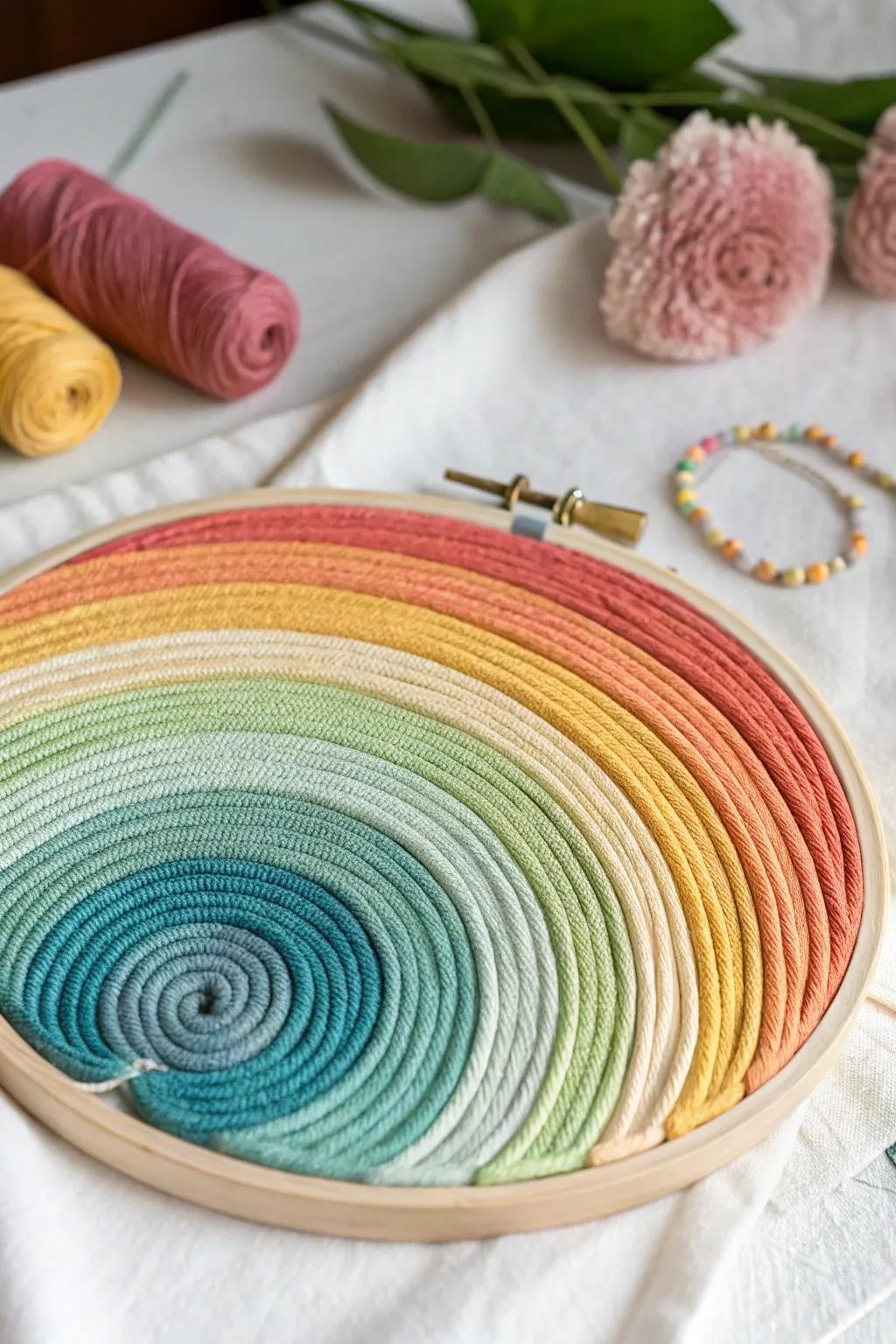 Bring a splash of color and cozy charm with this handmade yarn-wrapped embroidery hoop, perfect for adding a touch of artistry to your minimalist decor.