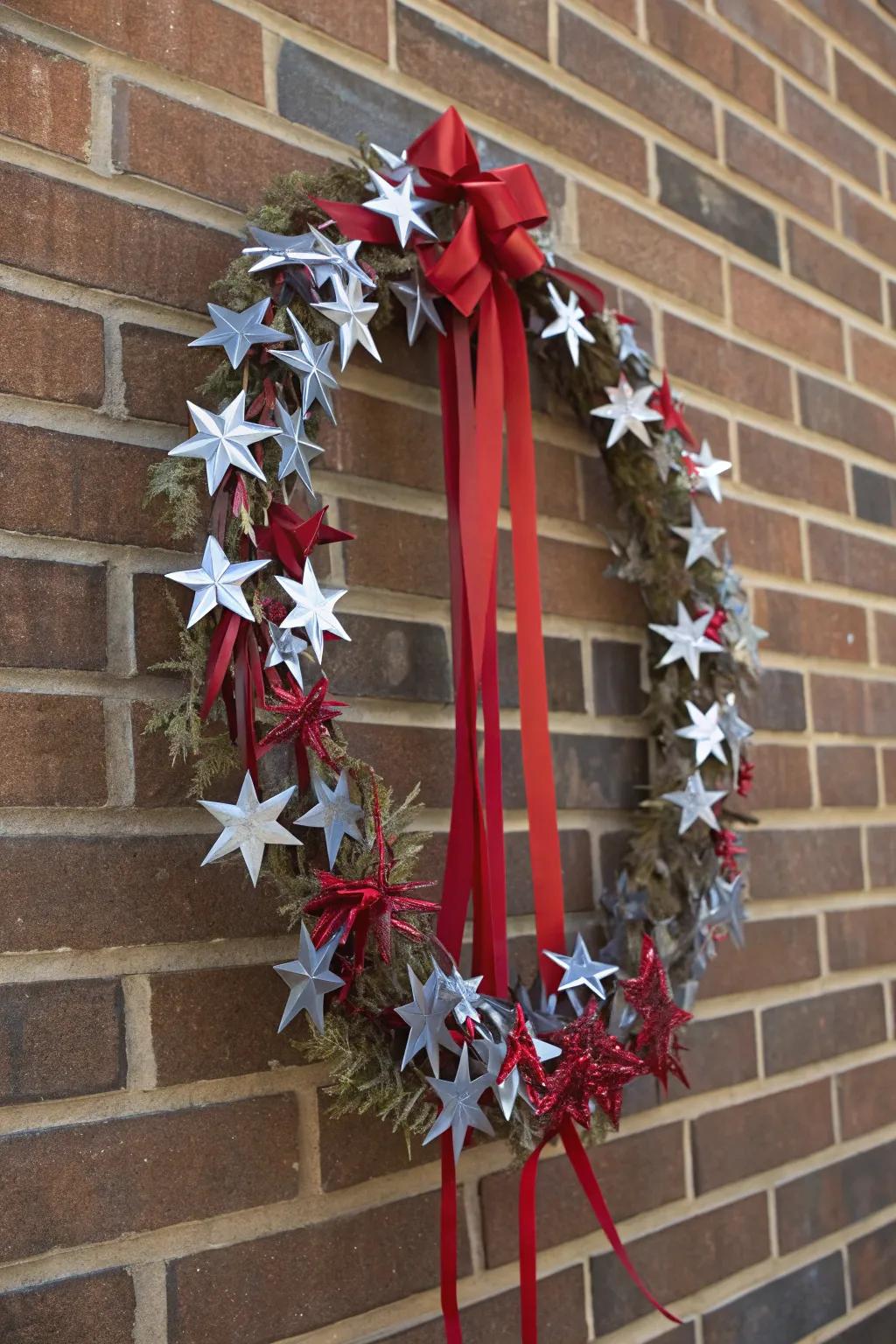 A bold and striking metal star wreath that adds shine to your entrance.