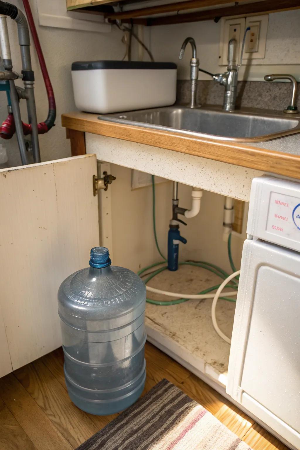 Utilize under-sink space for discreet water jug storage.