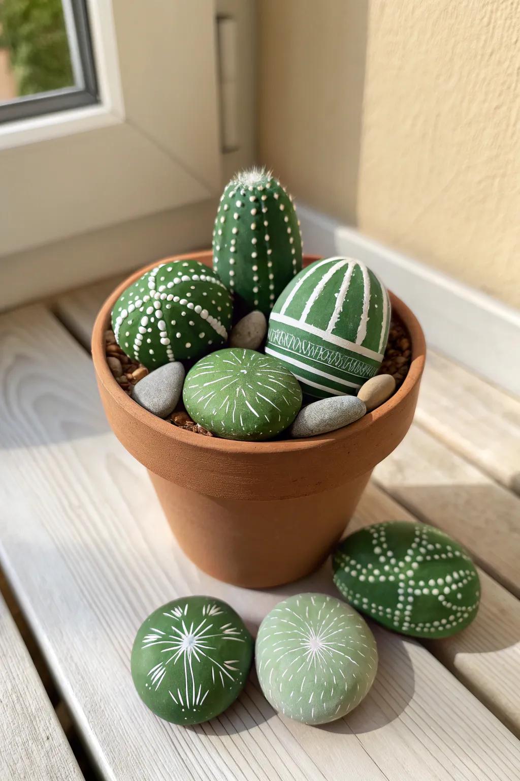 Turn your home into a serene desert oasis with these charming painted rock cacti—no watering required!