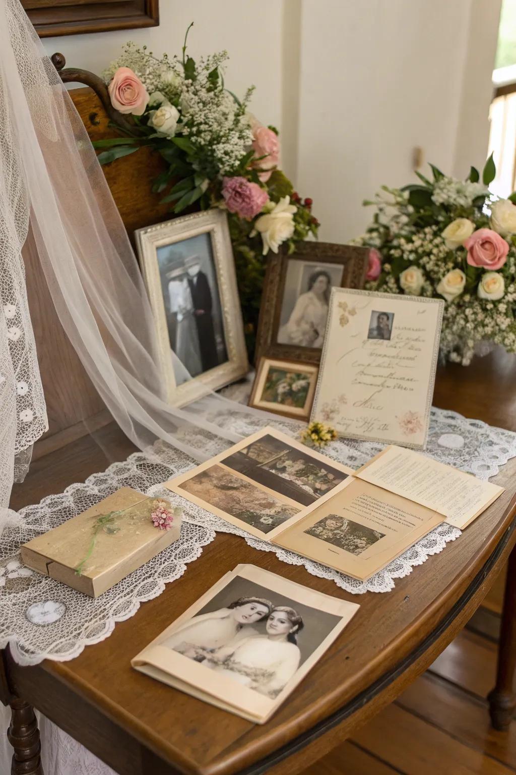 A vintage wedding display honors the couple's original wedding day.