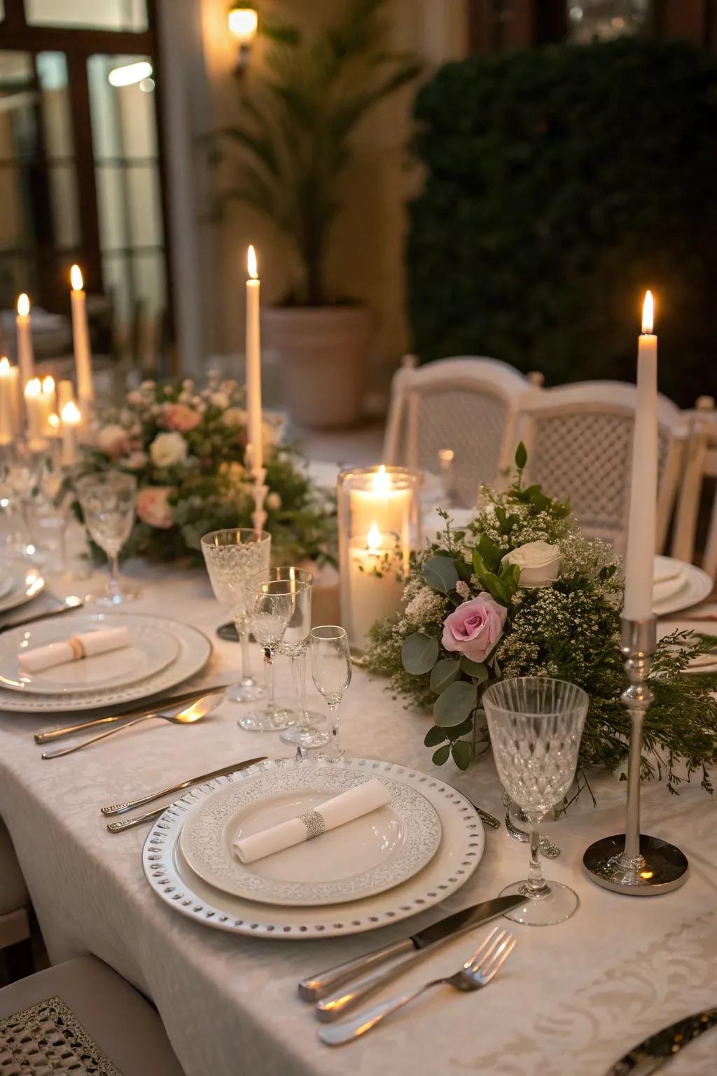 A sophisticated dinner party table arrangement.