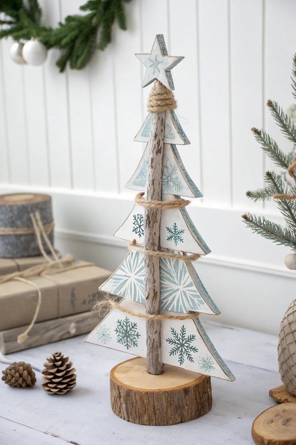 Embrace the cozy allure of winter with this folk art-inspired tree sculpture, a perfect blend of minimalist elegance and natural beauty.