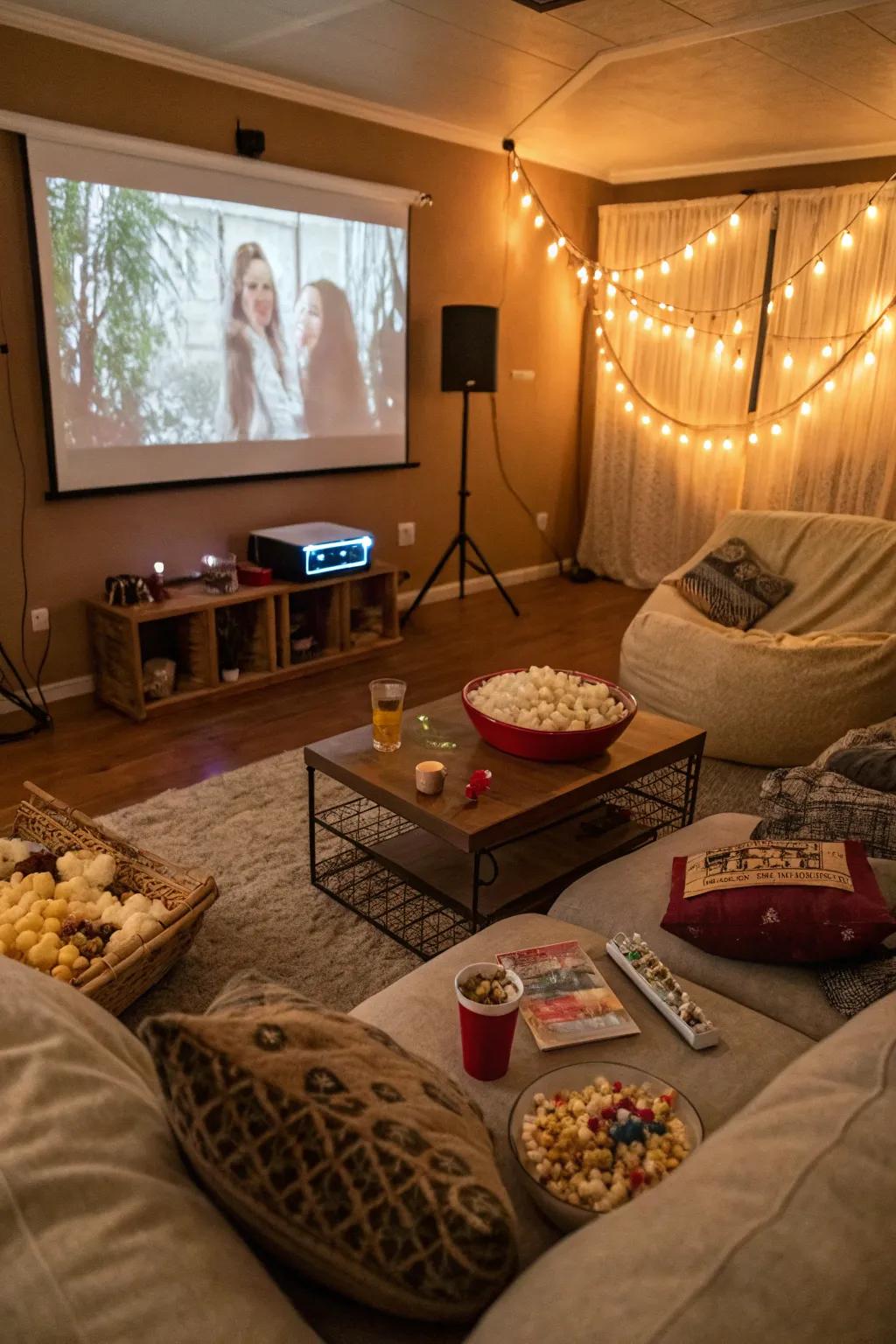 A cozy living room ready for a classic movie night.