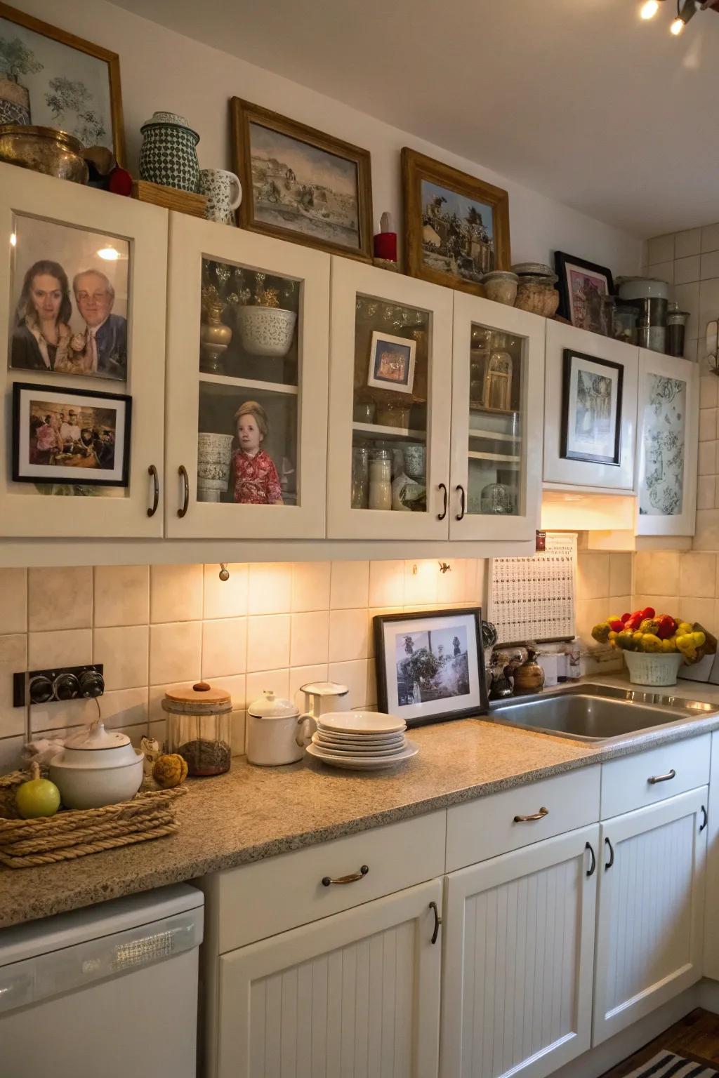 Family photos and memorabilia add warmth and sentiment above cabinets.