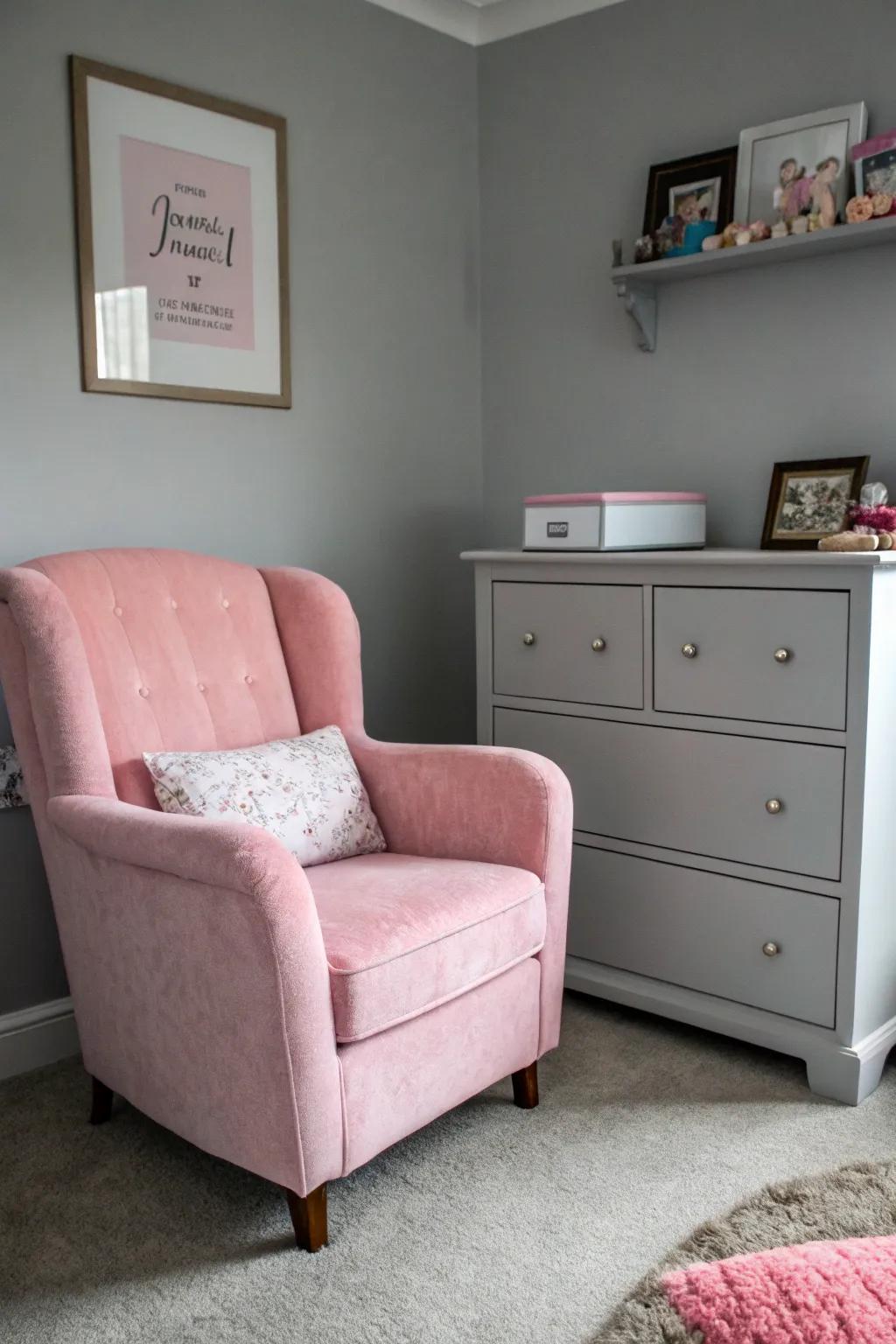 A pink armchair and grey dresser create a harmonious blend of color.