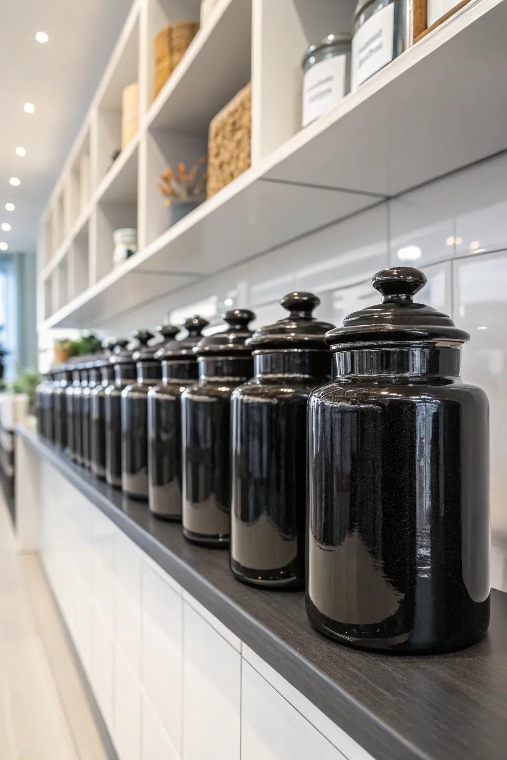 Minimalist monochrome jars for a sleek aesthetic.